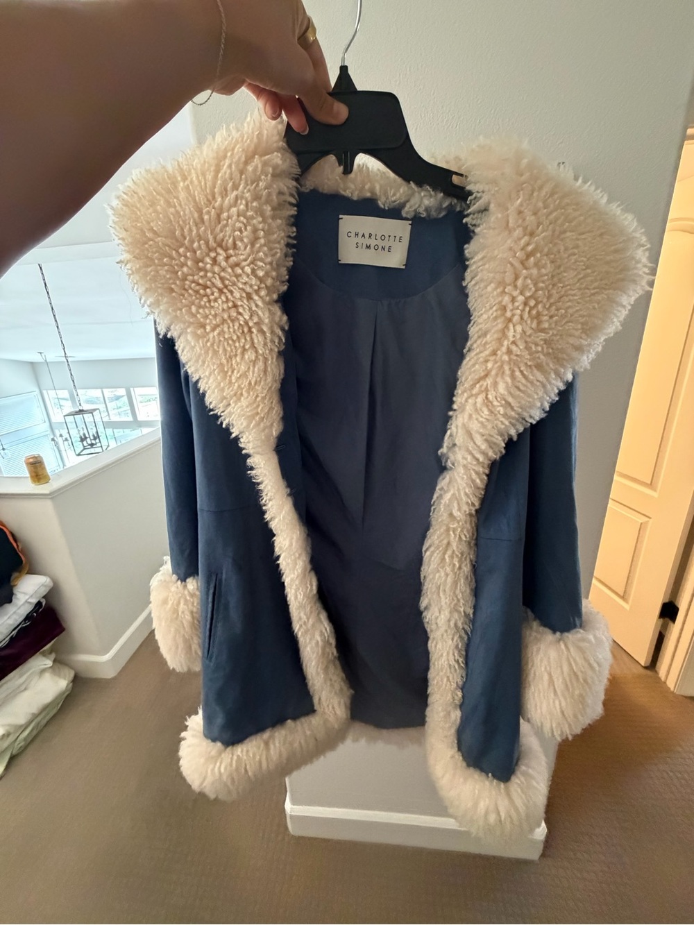 Charlotte Simone Navy Coat with Cream Faux Shearling Trim